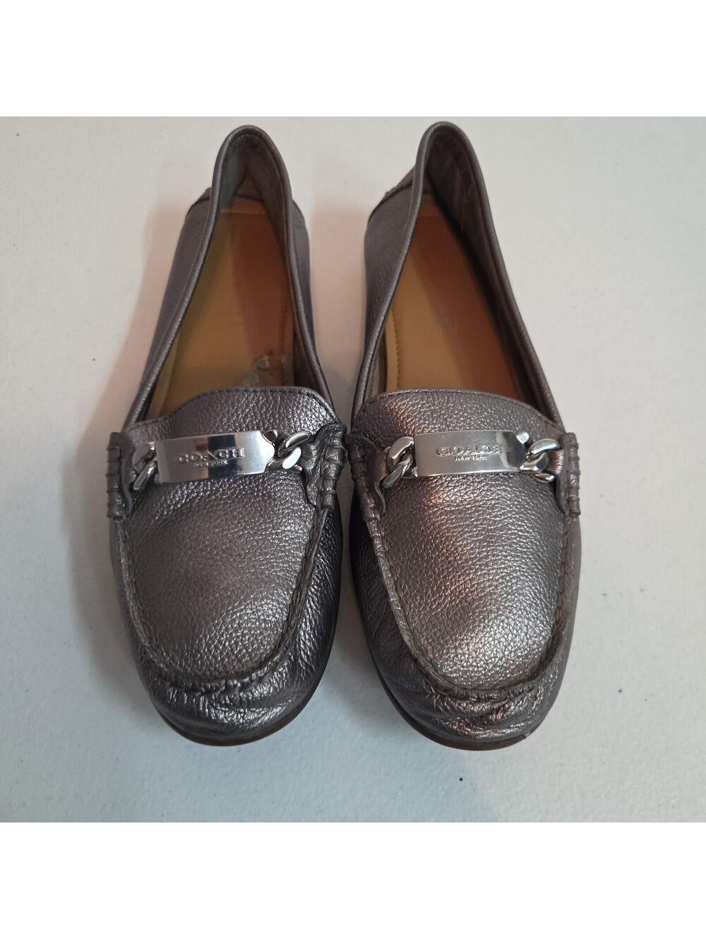 Coach Fredrica Metallic Silver Pebble Leather Driving Loafers size 9.5